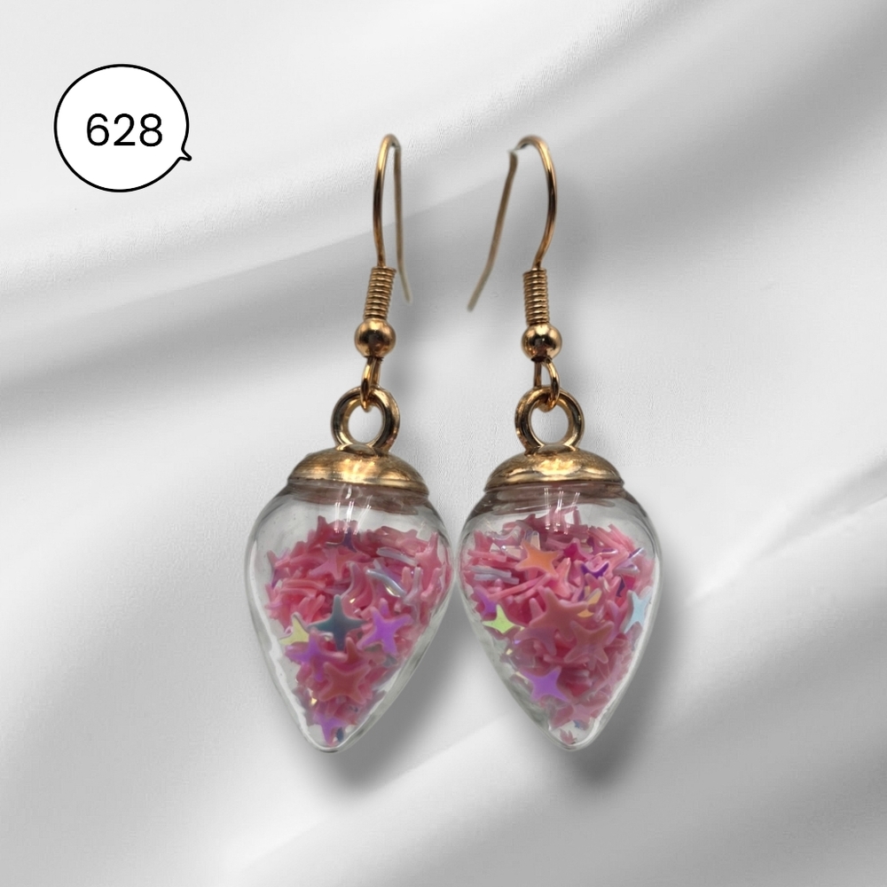 Glass Teardrop Star Earrings – Pink Iridescent Confetti Dangle Earrings